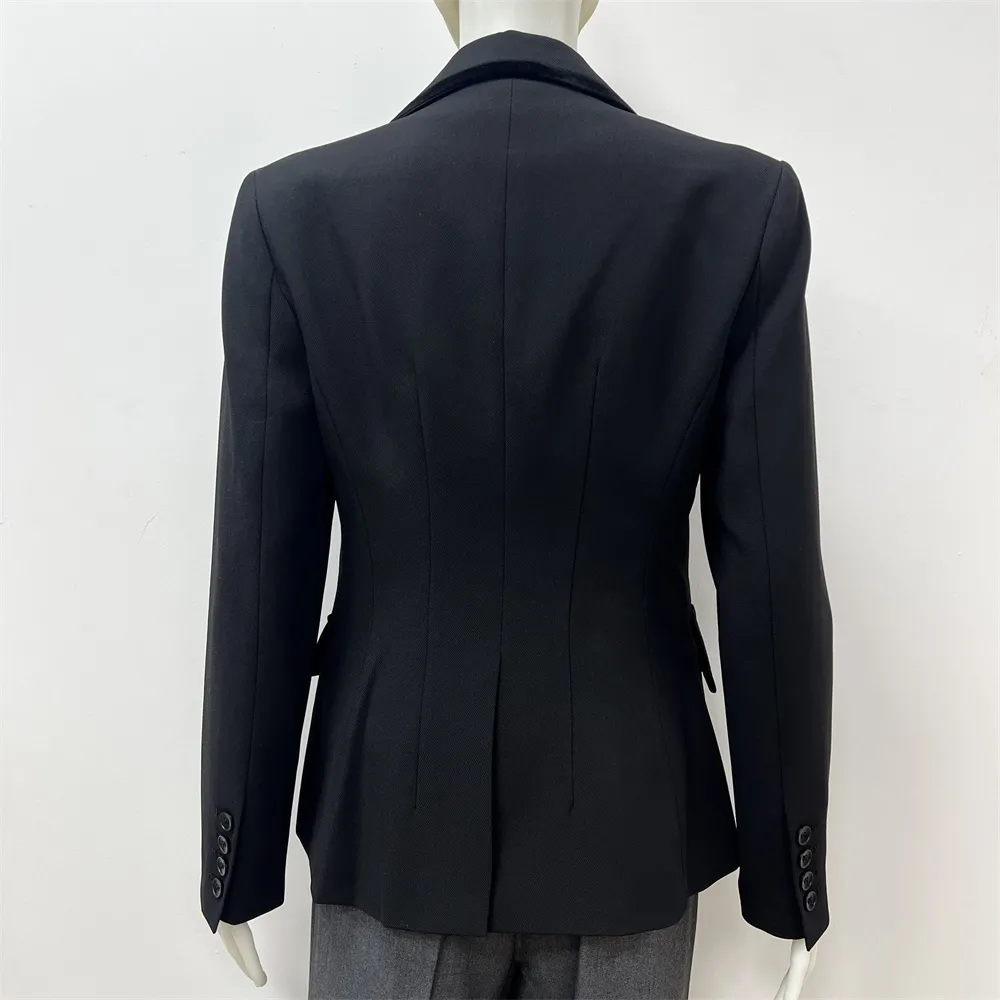 Women's Black Double-Breasted Blazer: Dragonfly Embellishments, Velvet Trim