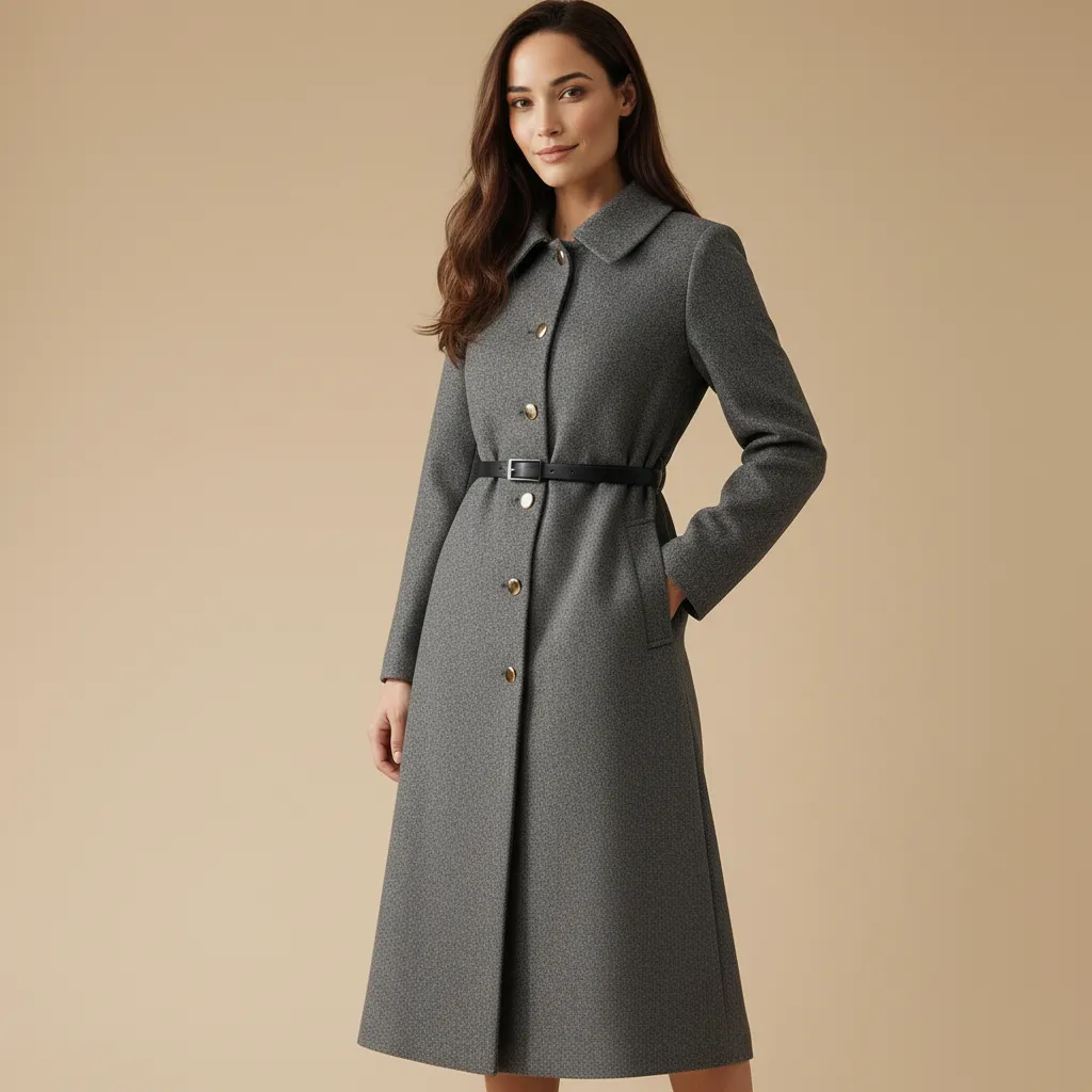 Women's Gray Midi Coat Dress: Gold Buttons, Belted Silhouette