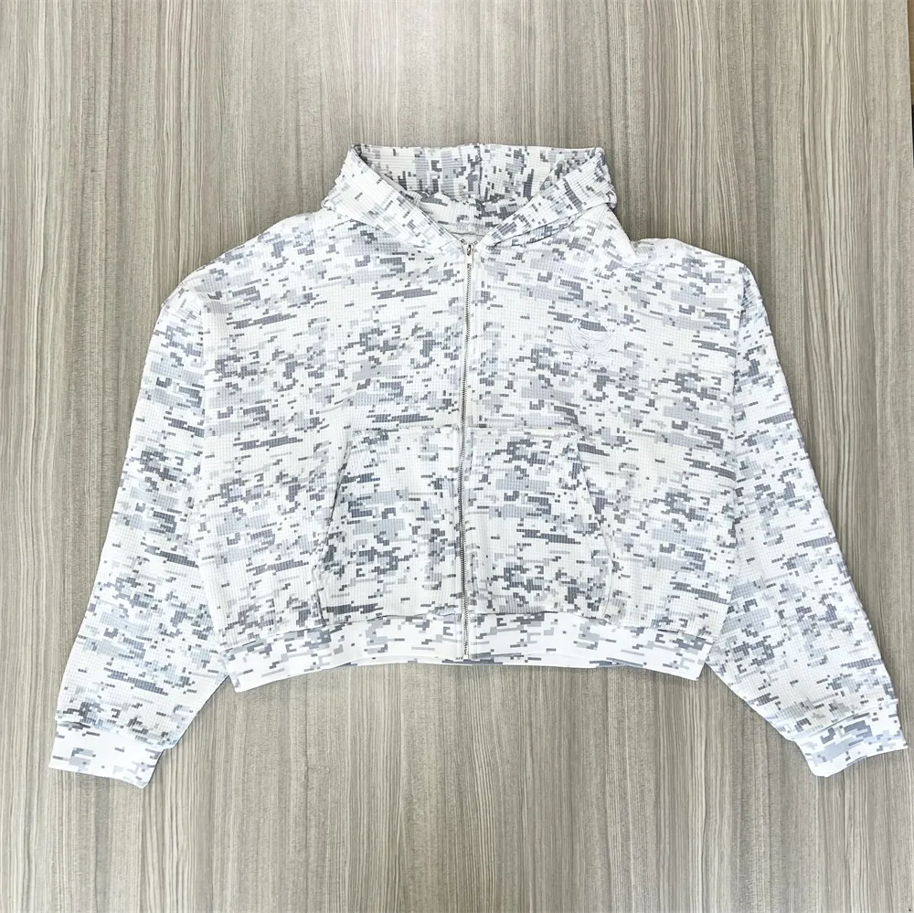 Women's White & Gray Pixel-Pattern Hoodie: Cropped Fit, Full-Zip Casual Apparel