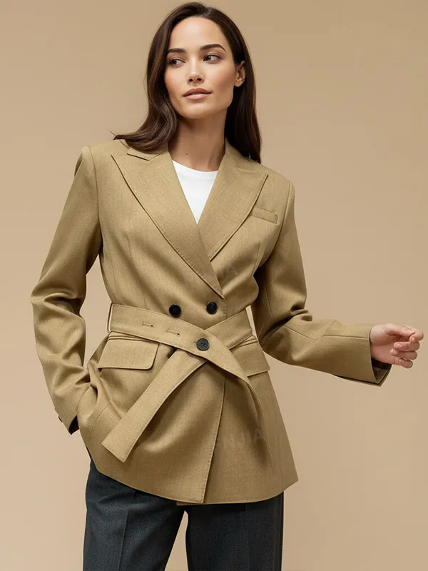 Women's Camel Double-Breasted Blazer: Belted, Black Accent Buttons
