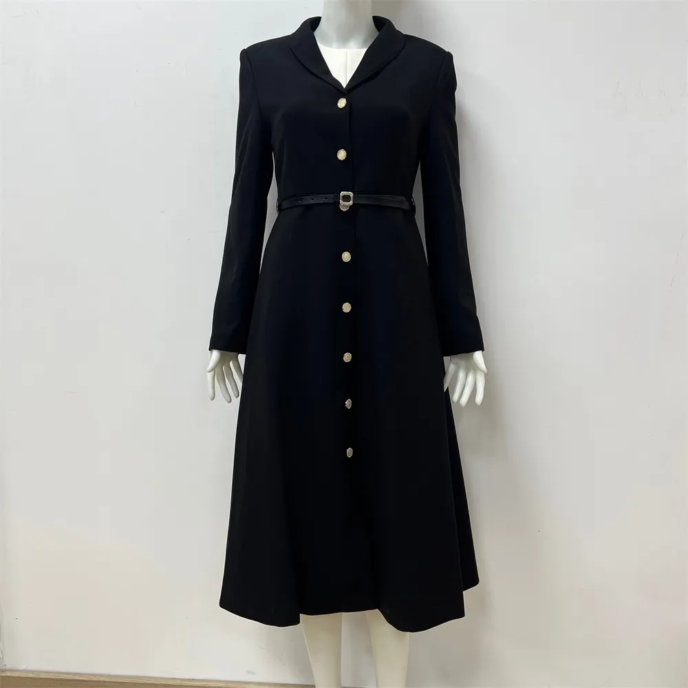 Women's Black Midi Coat Dress: Gold Buttons, Belted Silhouette