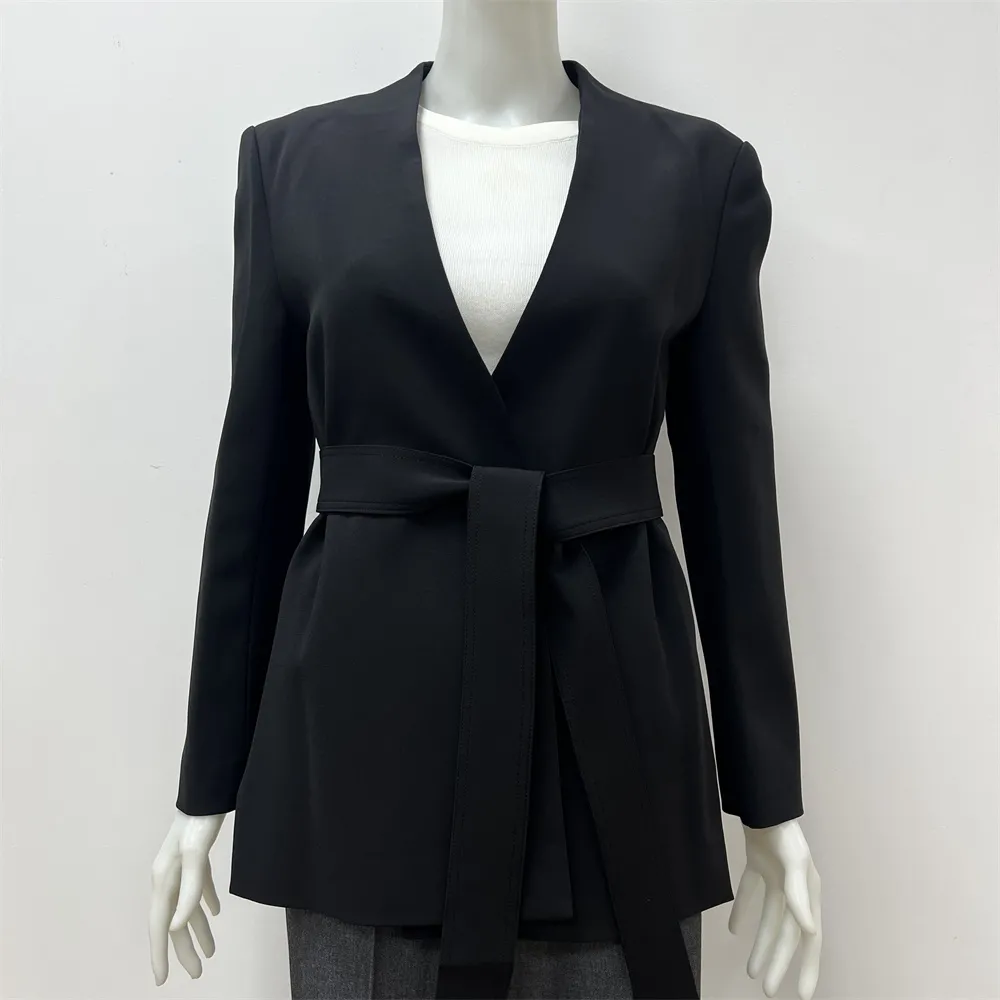 Women's Black Wrap Blazer: Self-Fabric Belted, Formal Apparel