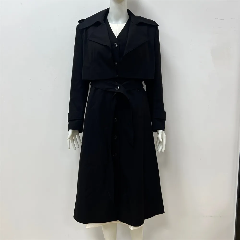 Women's Black 2-Piece Set: Cropped Trench & Midi Dress