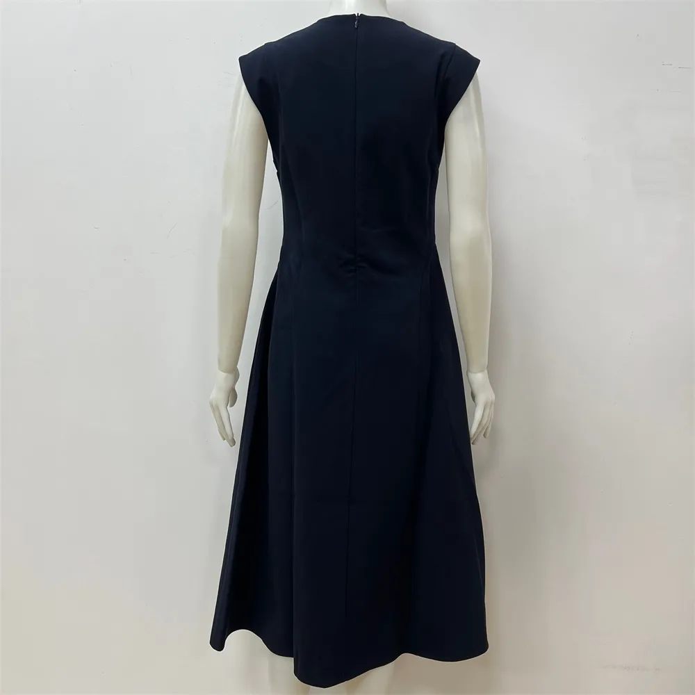 Women's Navy Sleeveless Midi Dress: Flared A-Line Silhouette