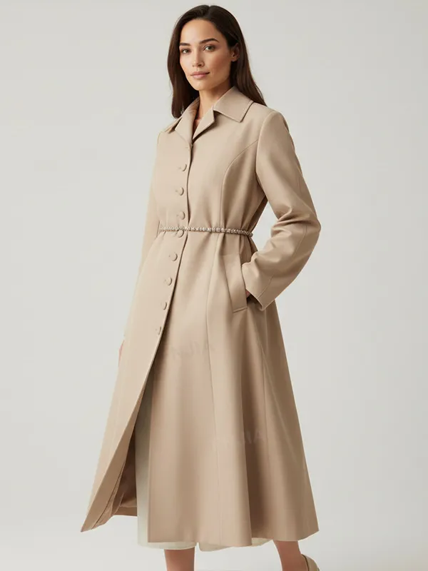 Women's Beige Long Coat: Embellished Belt, Flared Silhouette