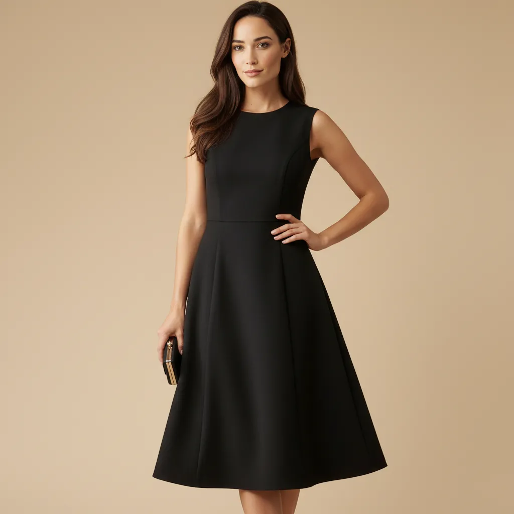 Women's Black Sleeveless Midi Dress: Flared A-Line Silhouette
