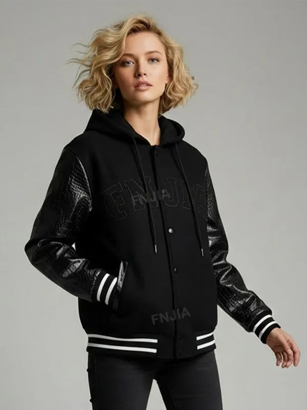 Custom Unisex Navy Hooded Varsity Jacket: Leather Sleeves, 