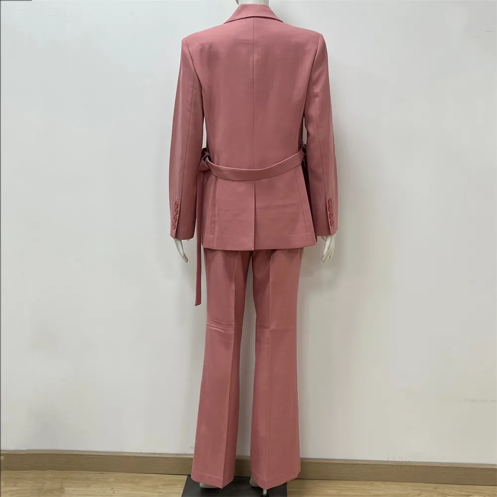 Women's Pink Double-Breasted Suit Set: Belted Blazer + Wide-Leg Pants