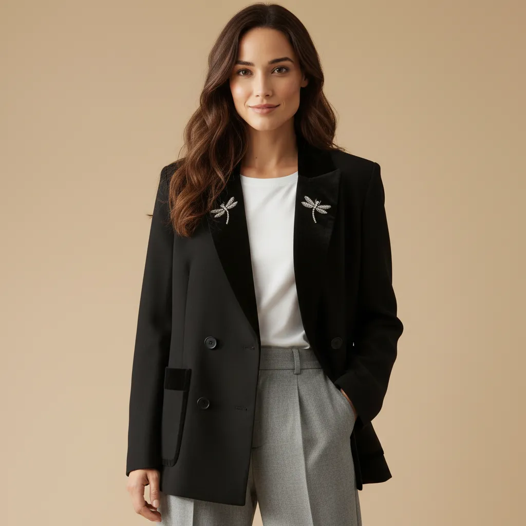 Women's Black Double-Breasted Blazer: Dragonfly Embellishments, Velvet Trim