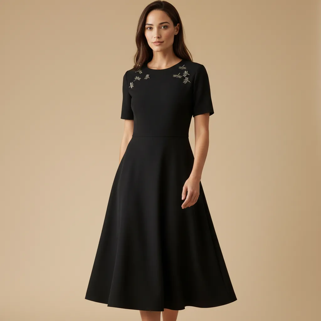 Women's Black Midi Dress: Dragonfly Embellishments, Flared Silhouette