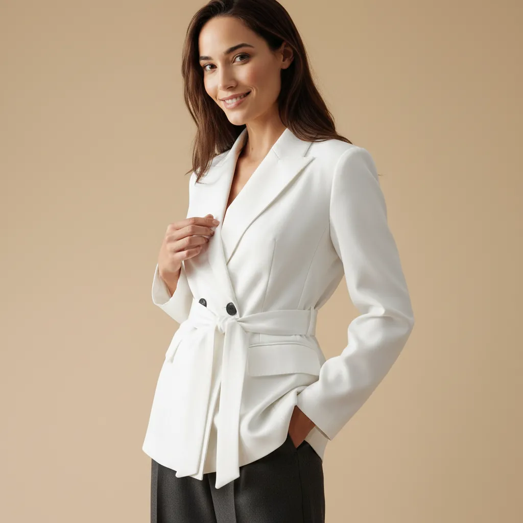 Women's White Belted Double-Breasted Blazer: Black Accent Buttons