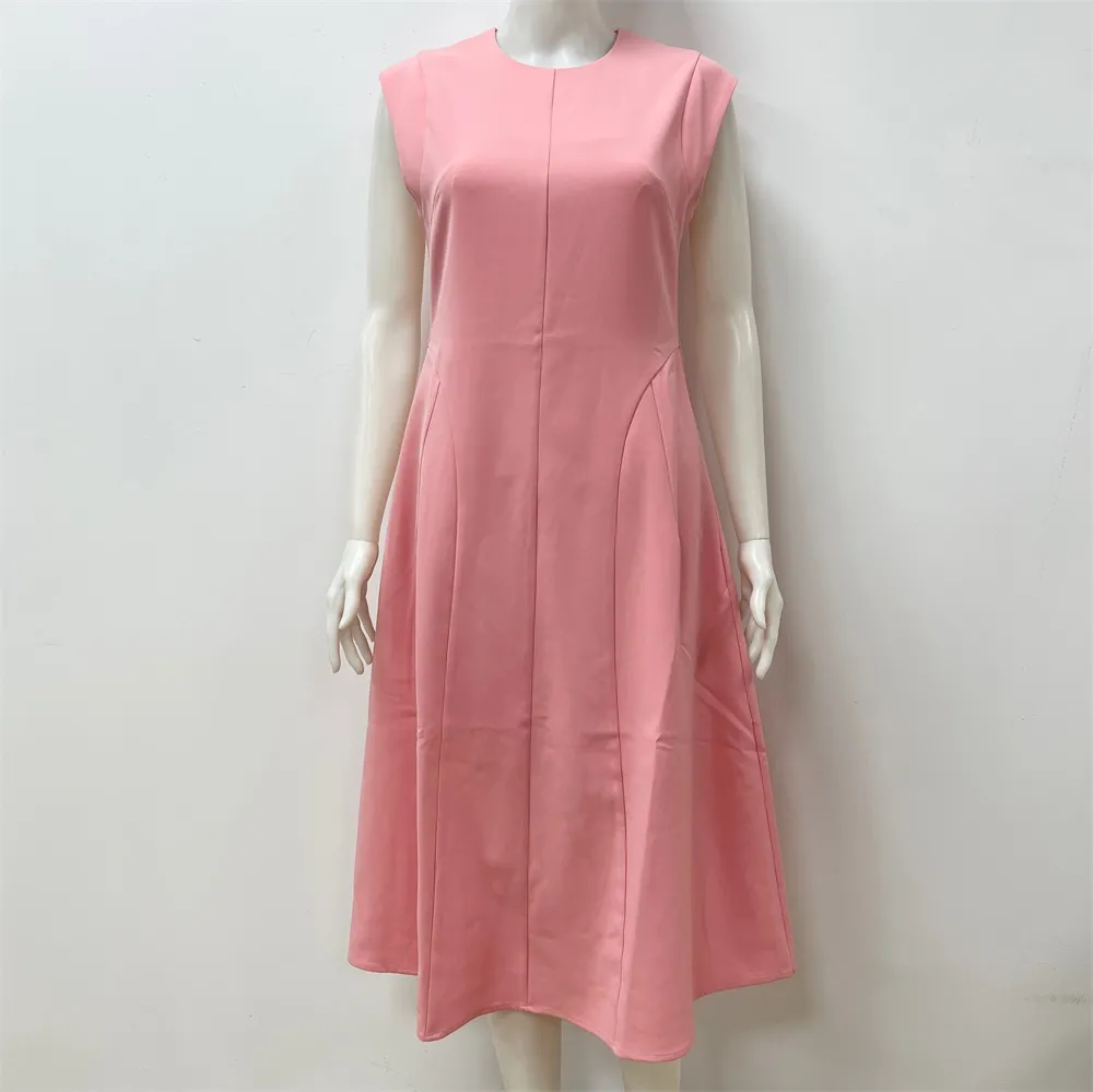 Women's Blush Pink Sleeveless Midi Dress: Flared A-Line Silhouette