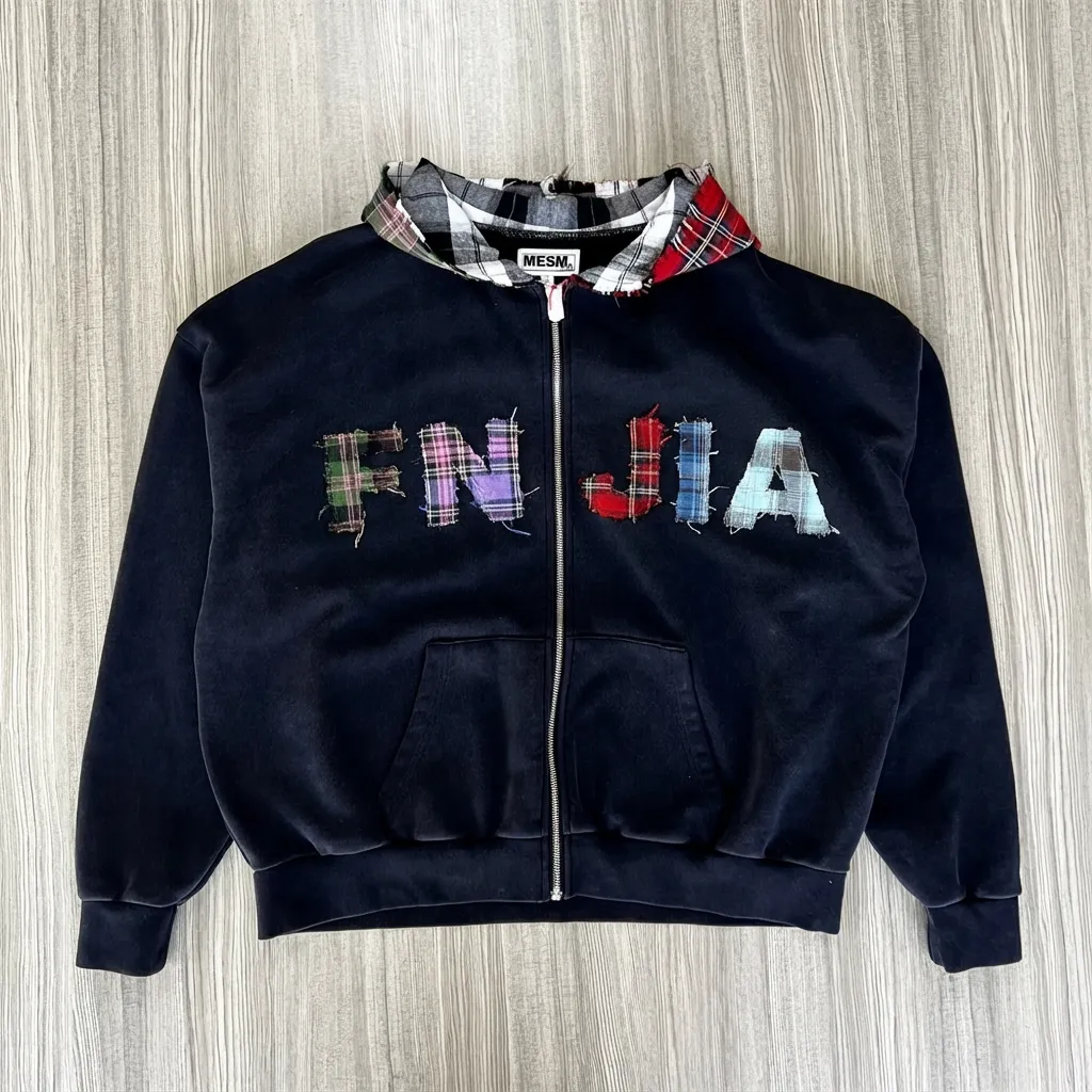 Women's Navy Patchwork Hoodie: Plaid Detail, "FNJIA" Logo, Casual Apparel