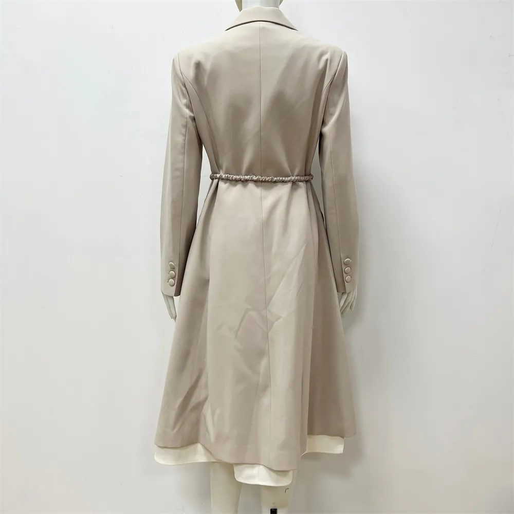 Women's Beige Long Coat: Embellished Belt, Flared Silhouette