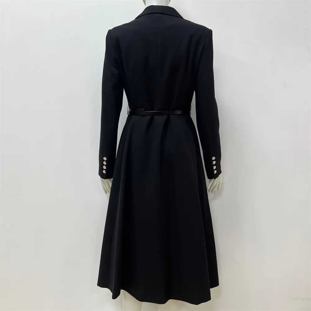 Women's Black Midi Coat Dress: Gold Buttons, Belted Silhouette