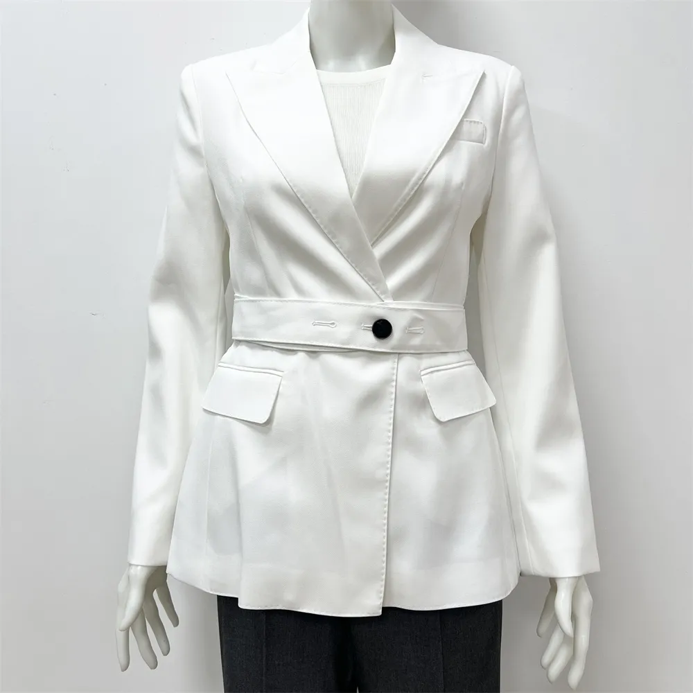 Women's White Belted Double-Breasted Blazer: Black Accent Buttons