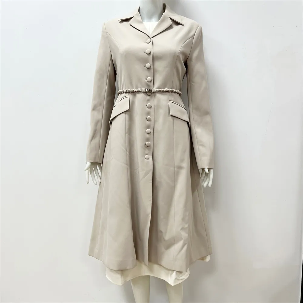 Women's Beige Long Coat: Embellished Belt, Flared Silhouette