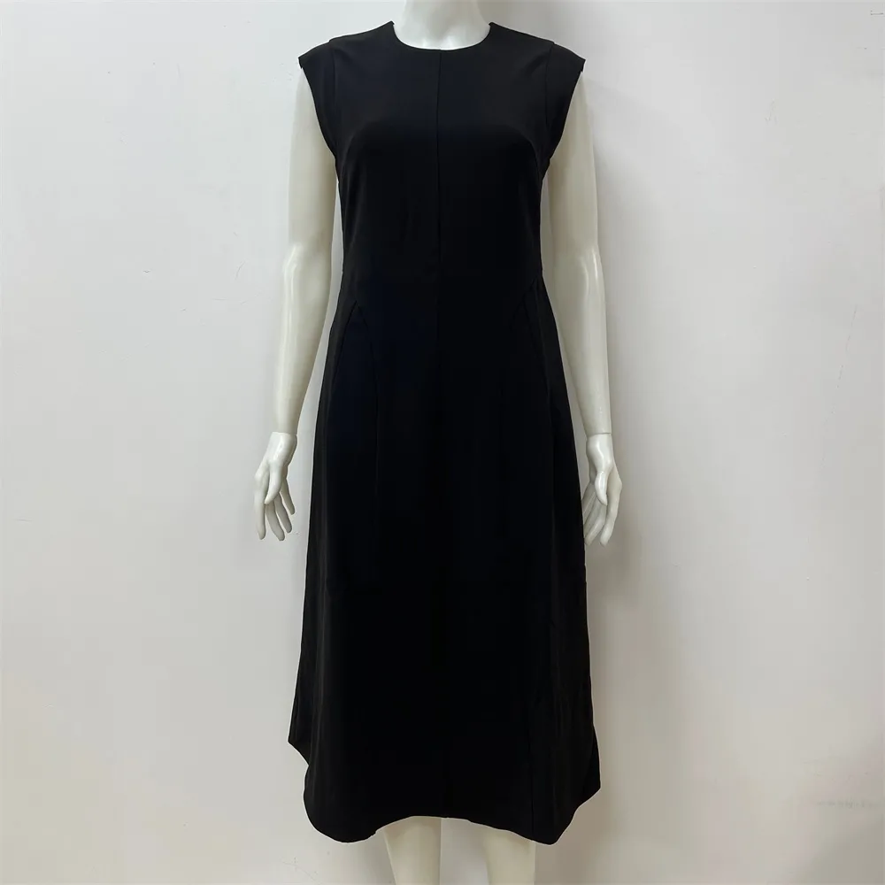 Women's Black Sleeveless Midi Dress: Flared A-Line Silhouette