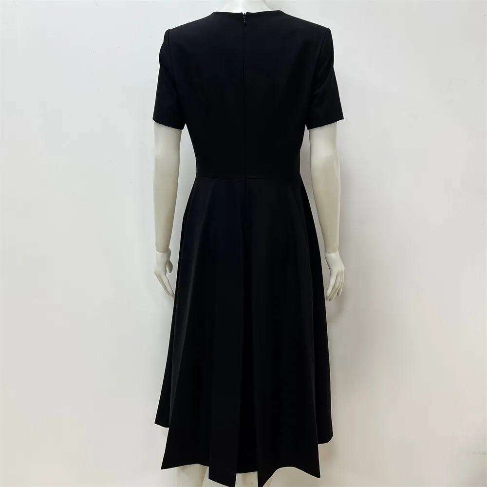 Women's Black Midi Dress: Dragonfly Embellishments, Flared Silhouette