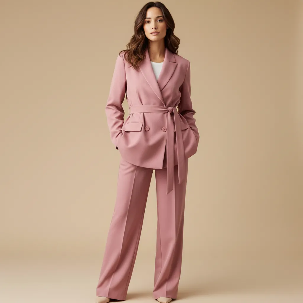 Women's Pink Double-Breasted Suit Set: Belted Blazer + Wide-Leg Pants