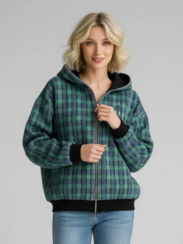 Unisex Green Plaid Hoodie: Full-Zip, Contrast Trim, Casual Apparel
