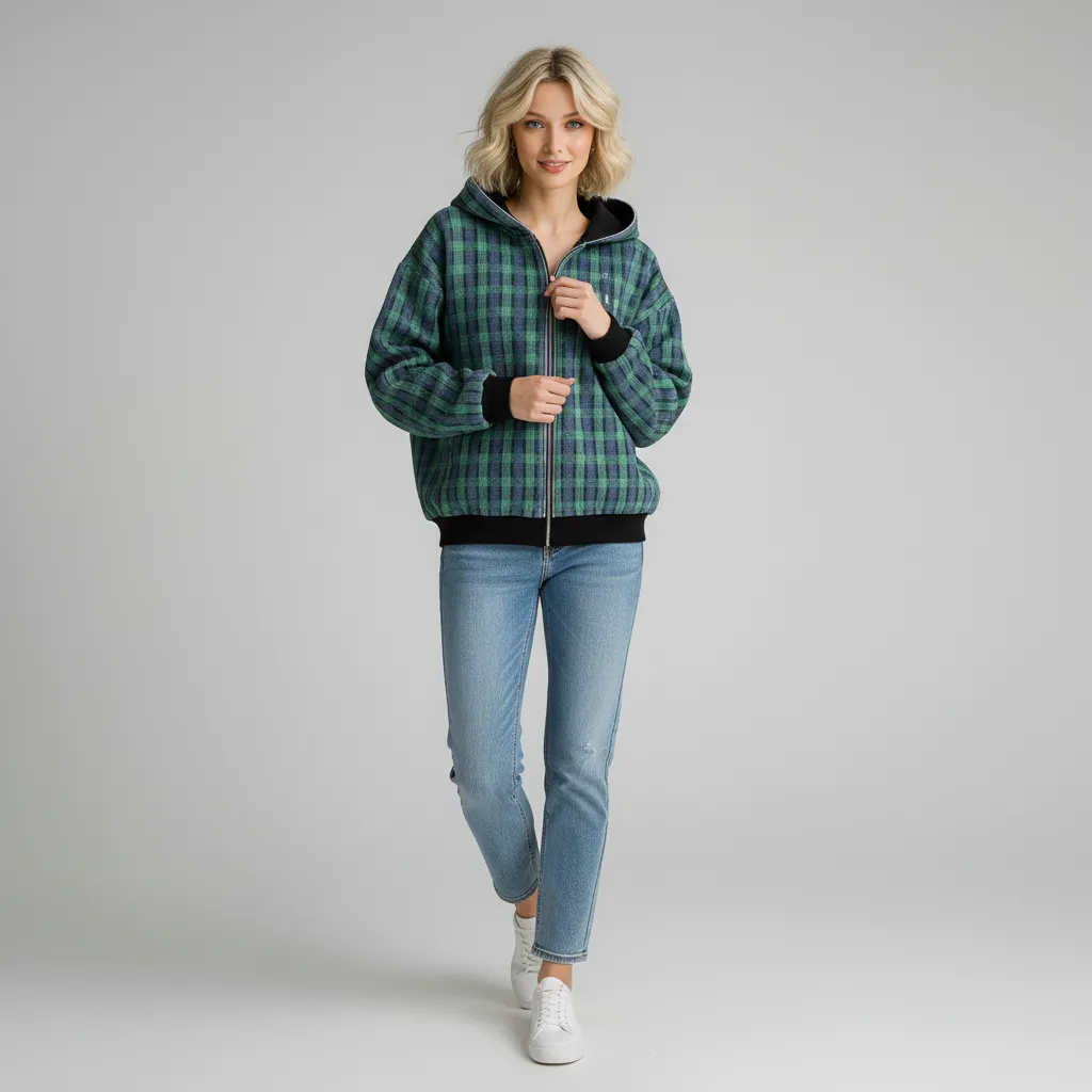 Custom Unisex Green Plaid Hoodie: Full-Zip, Contrast Trim, Casual Apparel