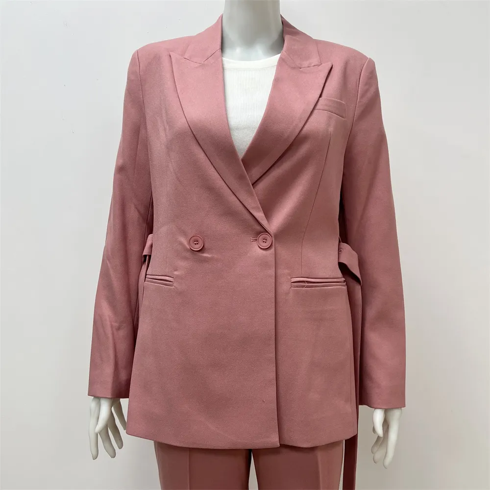Women's Pink Double-Breasted Suit Set: Belted Blazer + Wide-Leg Pants