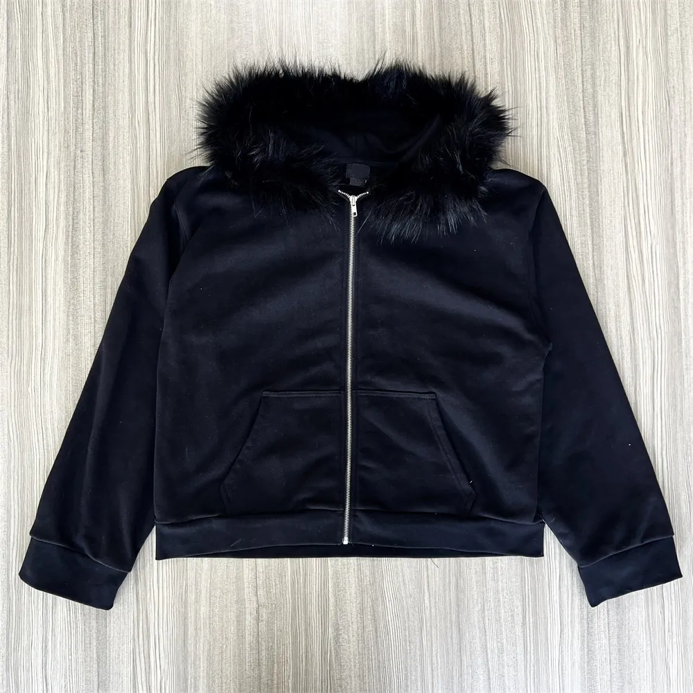 Women's Black Faux Fur Hood Zip-Up Jacket: Velvet Texture