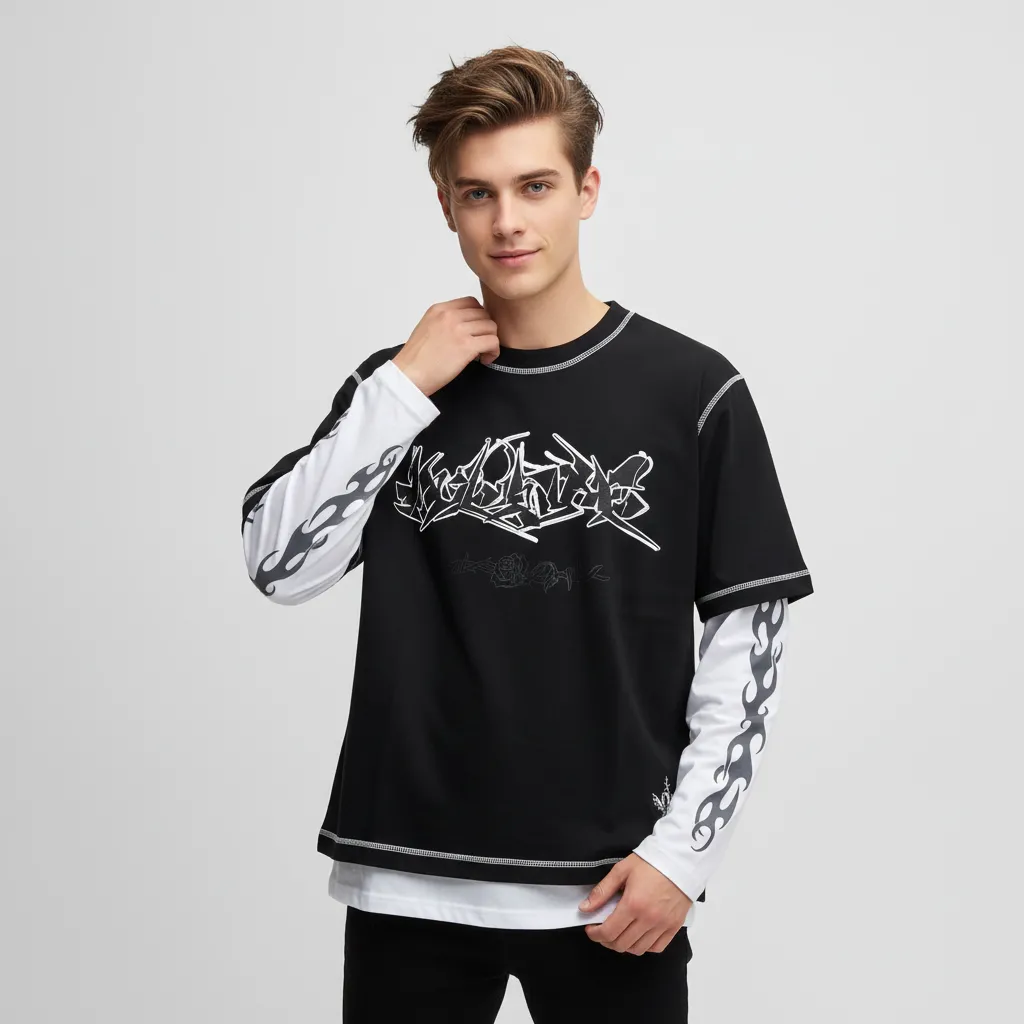 Unisex Layered Graphic T-Shirt: Black & White, Flame & Graffiti Design