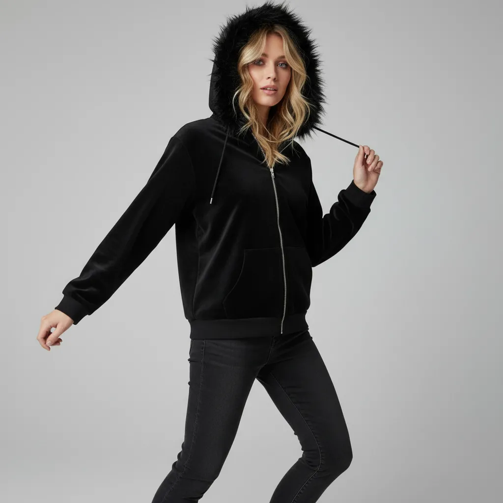 Women's Black Faux Fur Hood Zip-Up Jacket: Velvet Texture