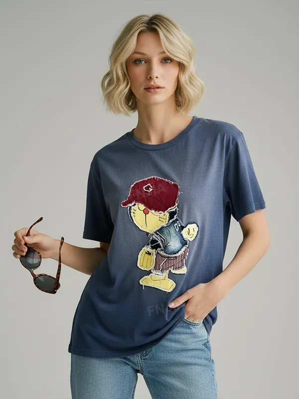 Women's Doraemon Embroidered T-Shirt: Blue Gradient, Oversized Short-Sleeve