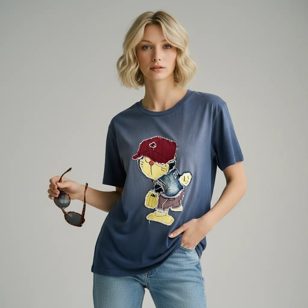 Women's Doraemon Embroidered T-Shirt: Blue Gradient, Oversized Short-Sleeve