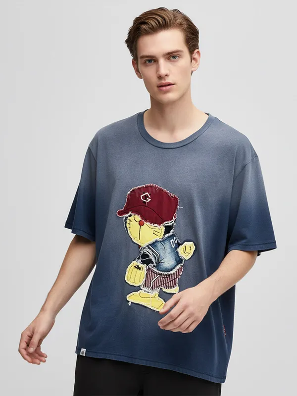 Men's Doraemon Embroidered T-Shirt: Blue Gradient, Casual Short-Sleeve
