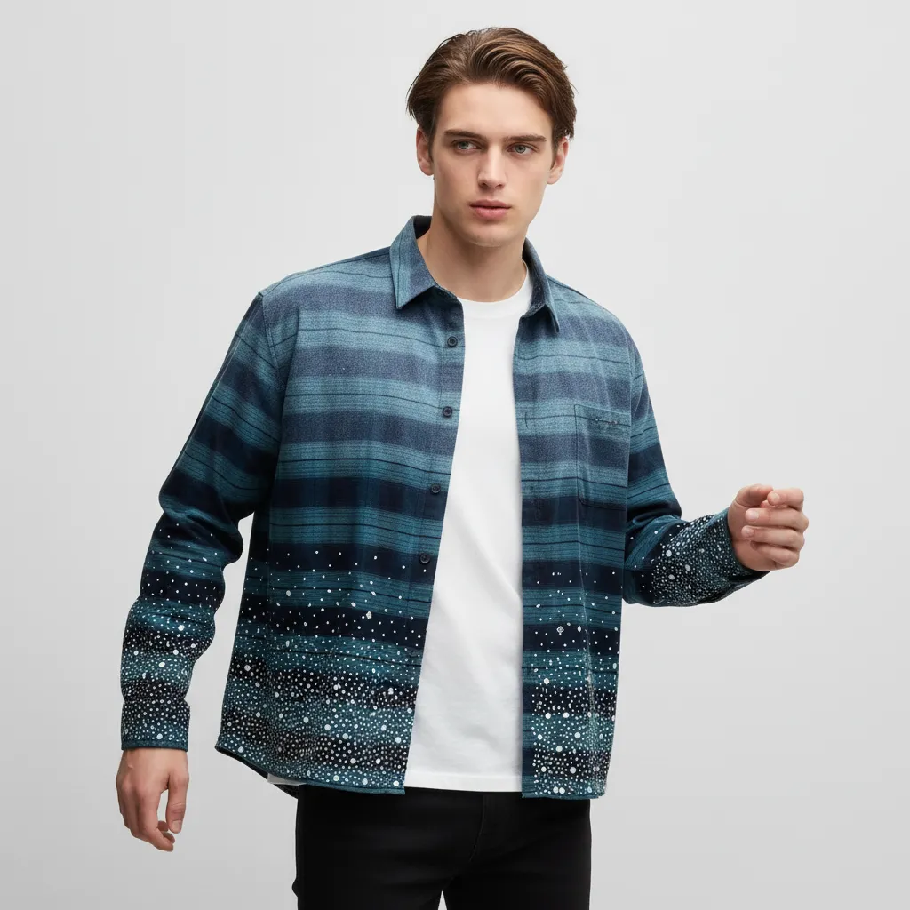 Men's Blue Striped Oversized Shirt: Starry Print, Casual Long-Sleeve