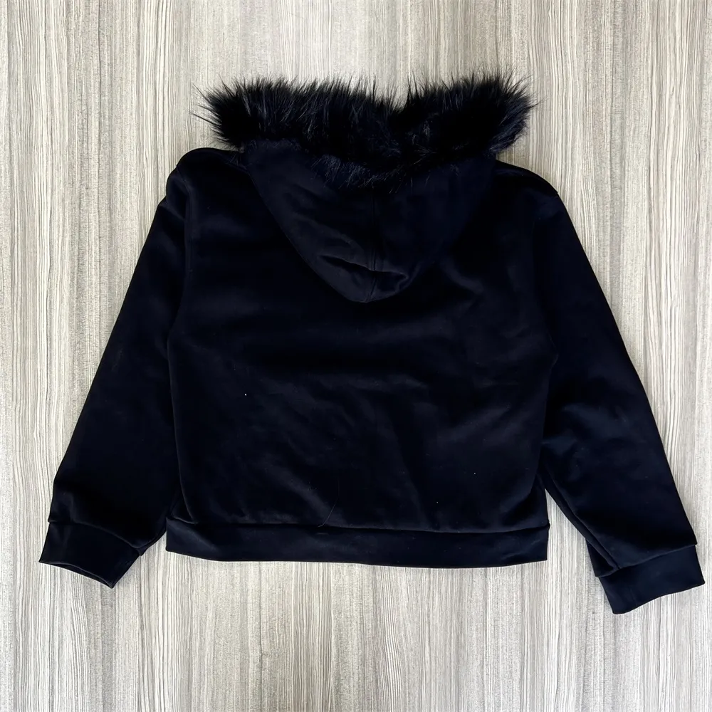 Women's Black Faux Fur Hood Zip-Up Jacket: Velvet Texture