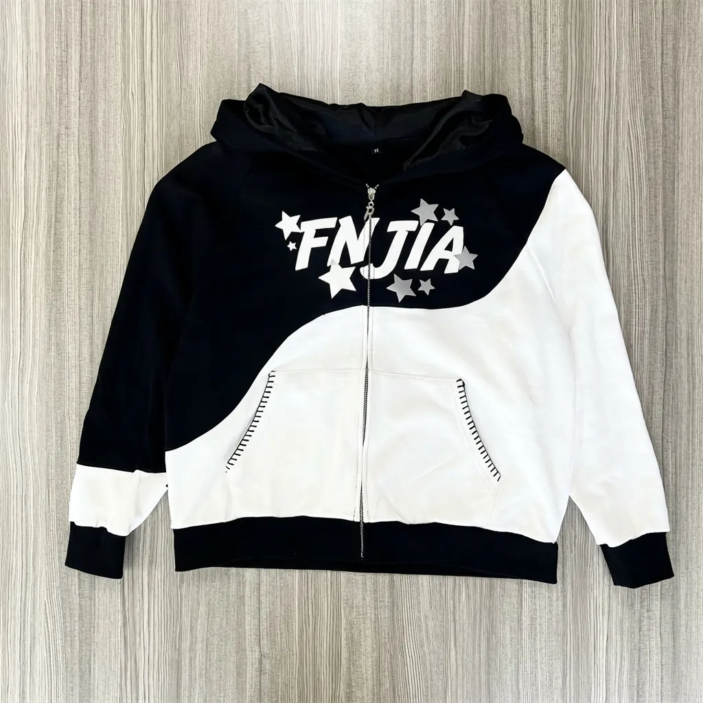Unisex Black & White Star-Print Zip-Up Hoodie: "FNJIA" Graphic