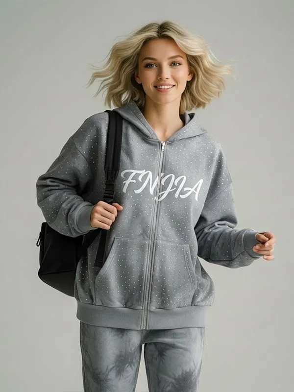 Unisex Gray Star-Print Zip-Up Hoodie: 
