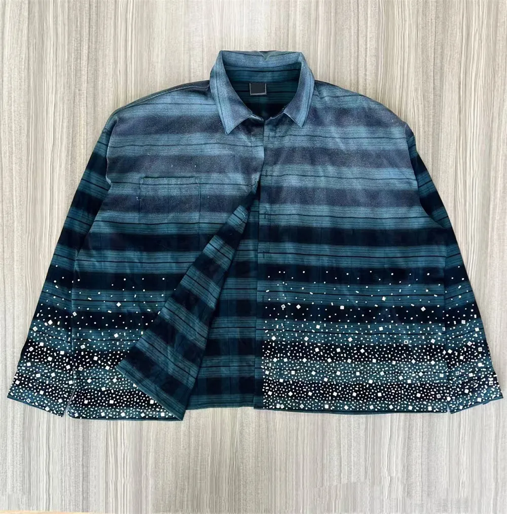 Men's Blue Striped Oversized Shirt: Starry Print, Casual Long-Sleeve