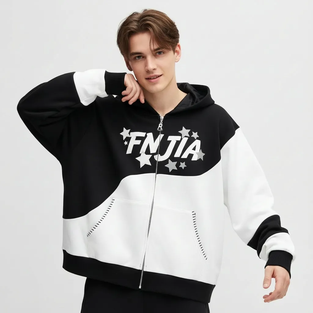 Unisex Black & White Star-Print Zip-Up Hoodie: "FNJIA" Graphic