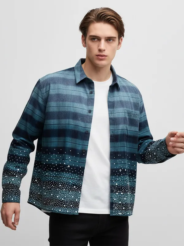 Men's Blue Striped Oversized Shirt: Starry Print, Casual Long-Sleeve