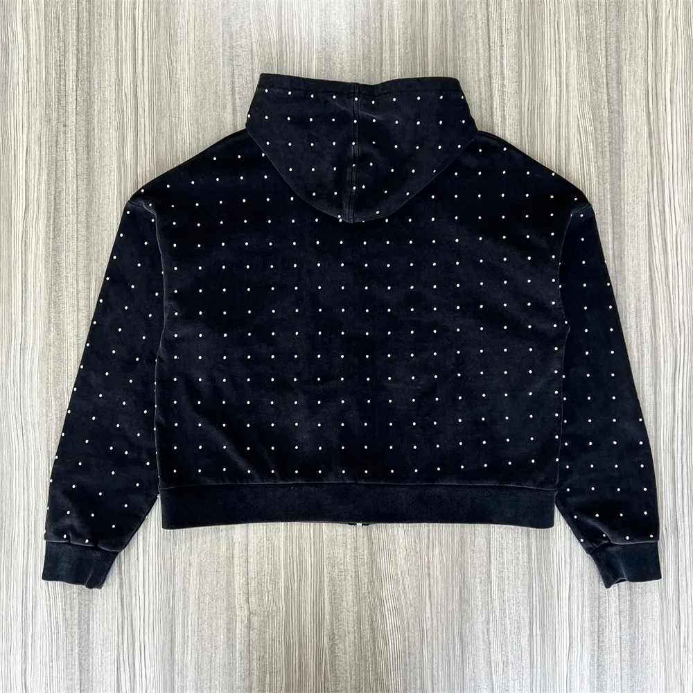 Unisex Black Polka-Dot Zip-Up Hoodie: "FNJIA" Star Graphic