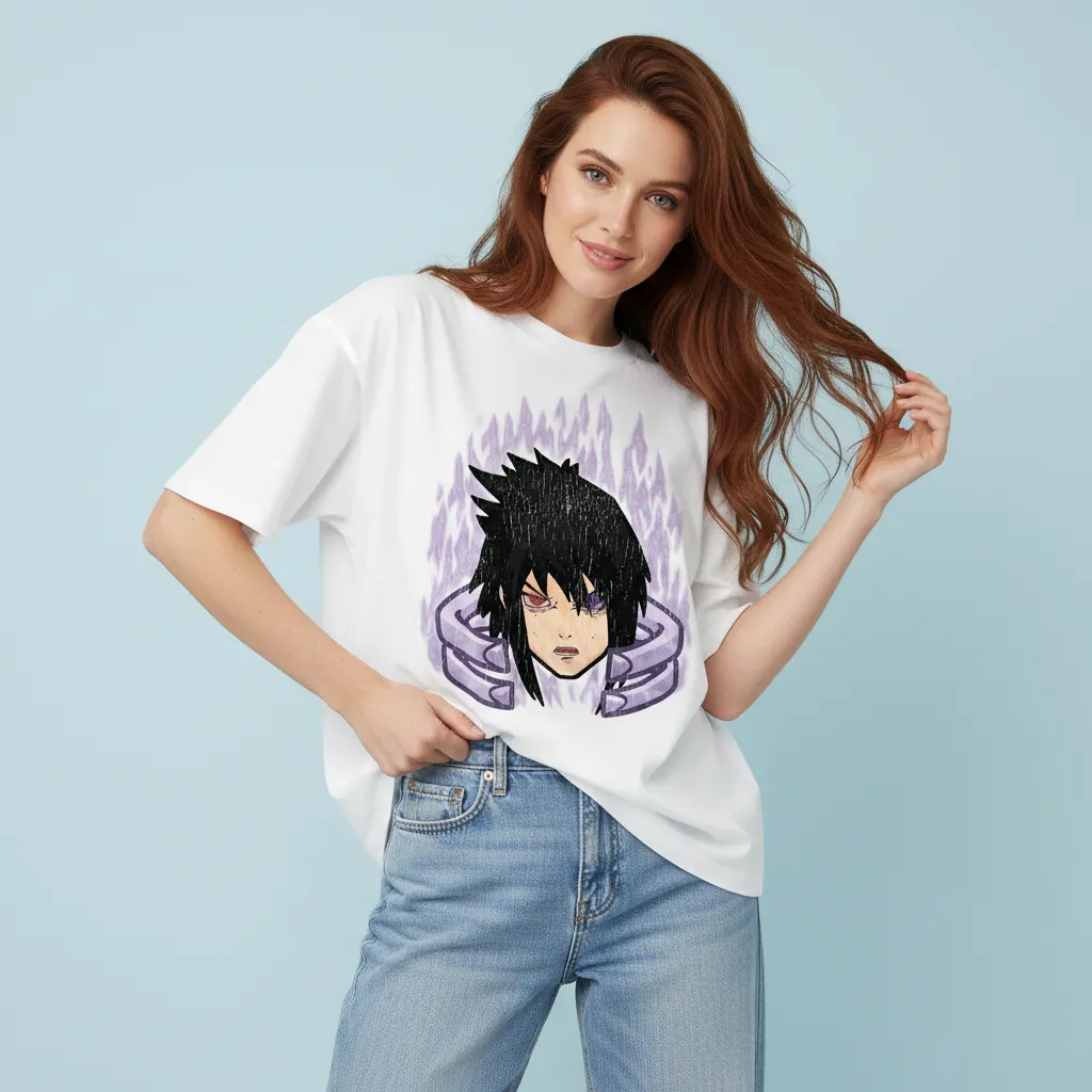 Women's Sasuke Uchiha Graphic T-Shirt: White Oversized Short-Sleeve