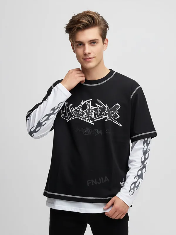 Unisex Layered Graphic T-Shirt: Black & White, Flame & Graffiti Design