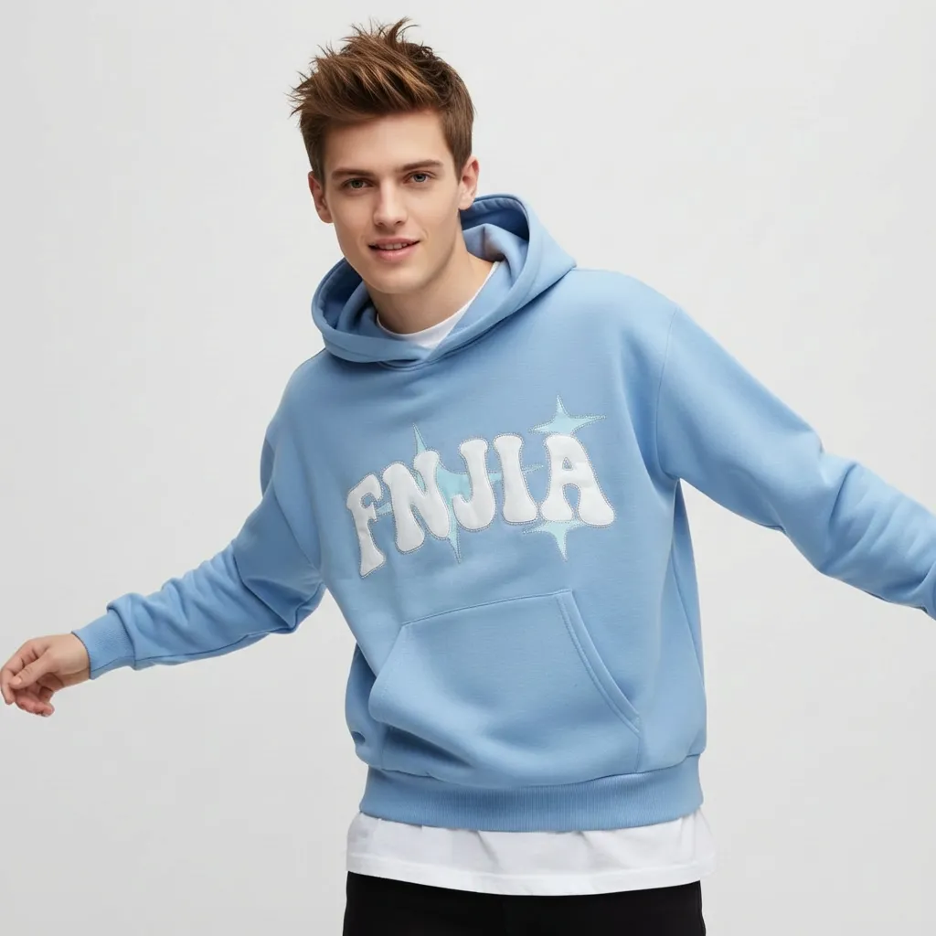 Unisex Light Blue "FNJIA" Hoodie: Star-Accent Graphic, Oversized