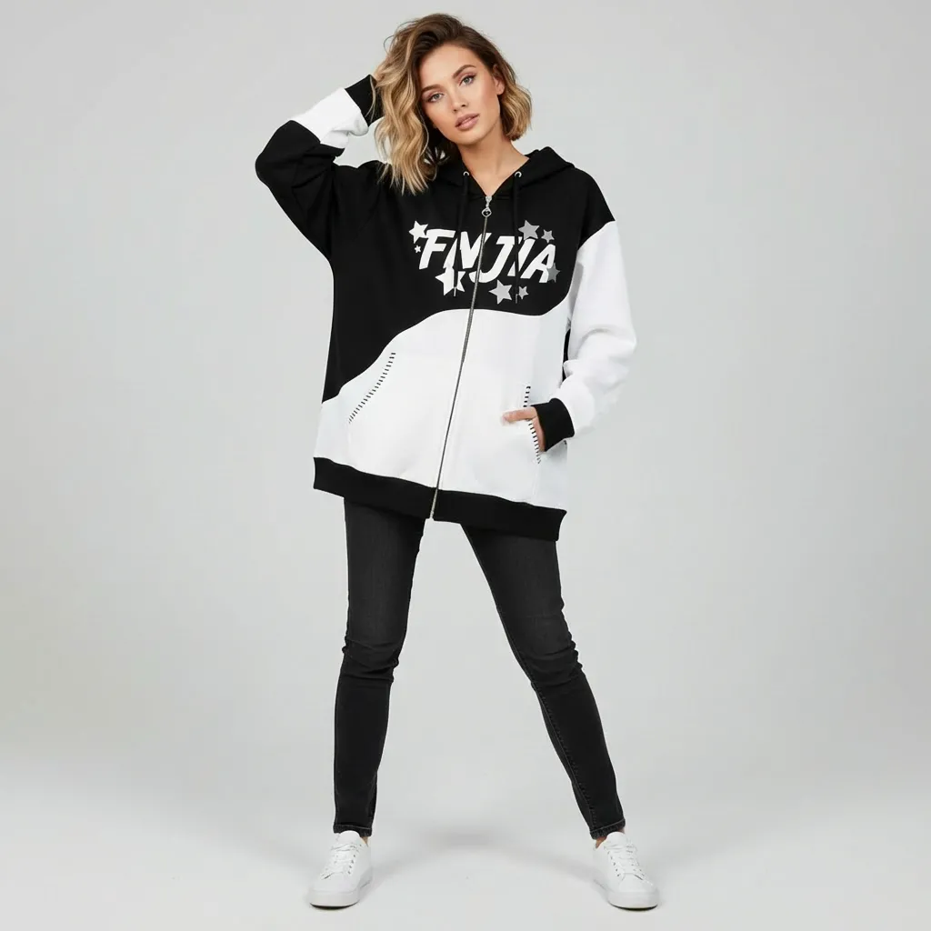 Unisex Black & White Star-Print Zip-Up Hoodie: "FNJIA" Graphic