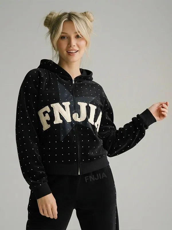 Unisex Black Polka-Dot Zip-Up Hoodie: 