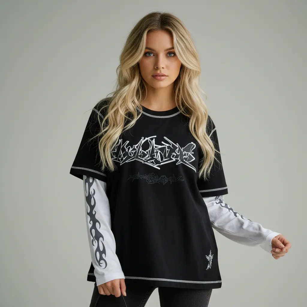 Custom Unisex Layered Graphic T-Shirt: Black & White, Flame & Graffiti Design
