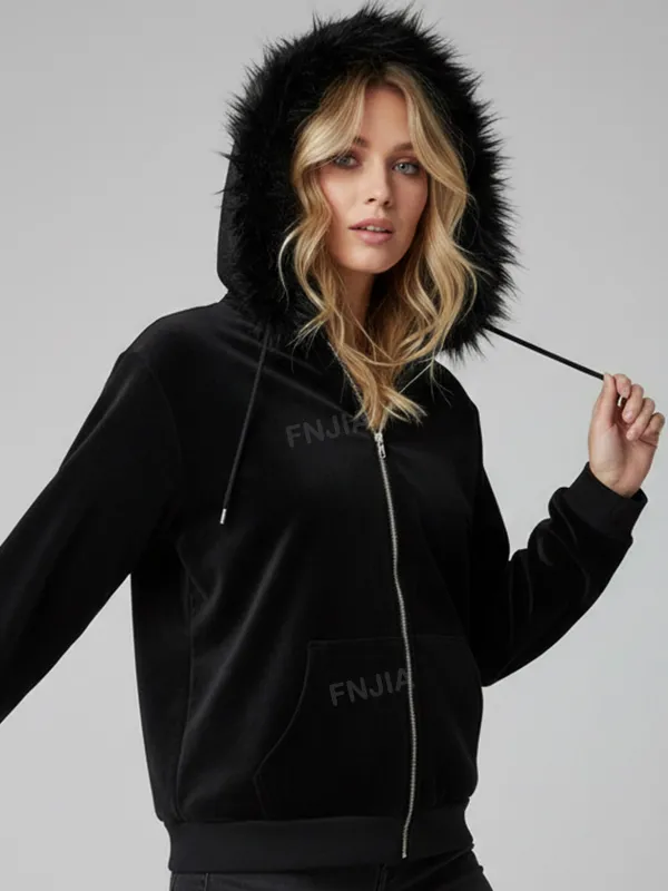Women's Black Faux Fur Hood Zip-Up Jacket: Velvet Texture