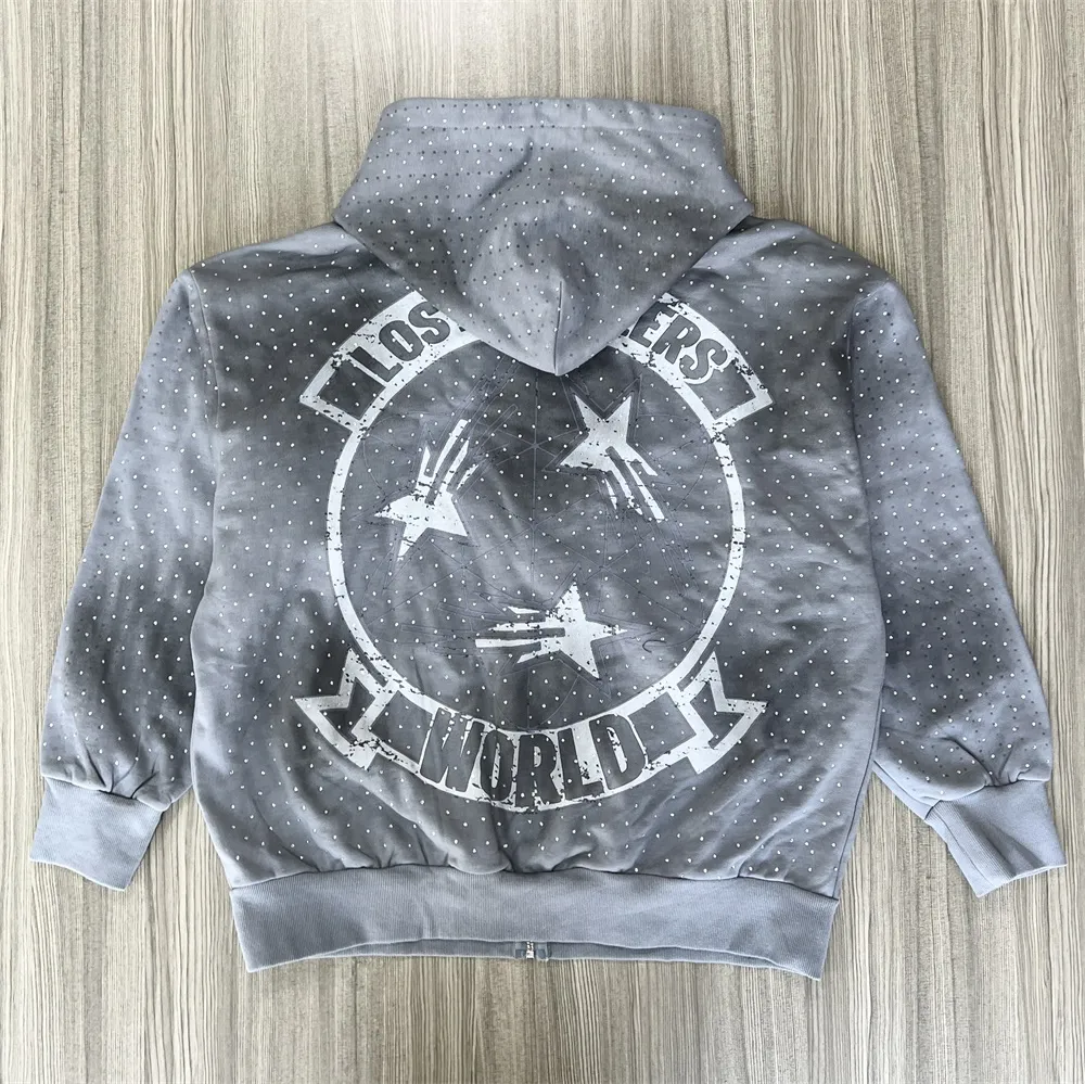 Unisex Gray Star-Print Zip-Up Hoodie: "Losers World" Graphic