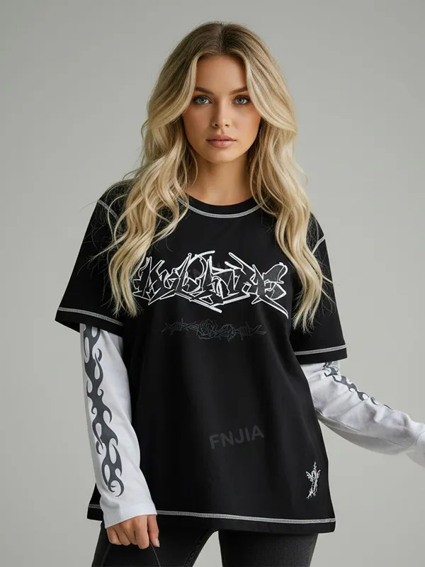 Custom Unisex Layered Graphic T-Shirt: Black & White, Flame & Graffiti Design